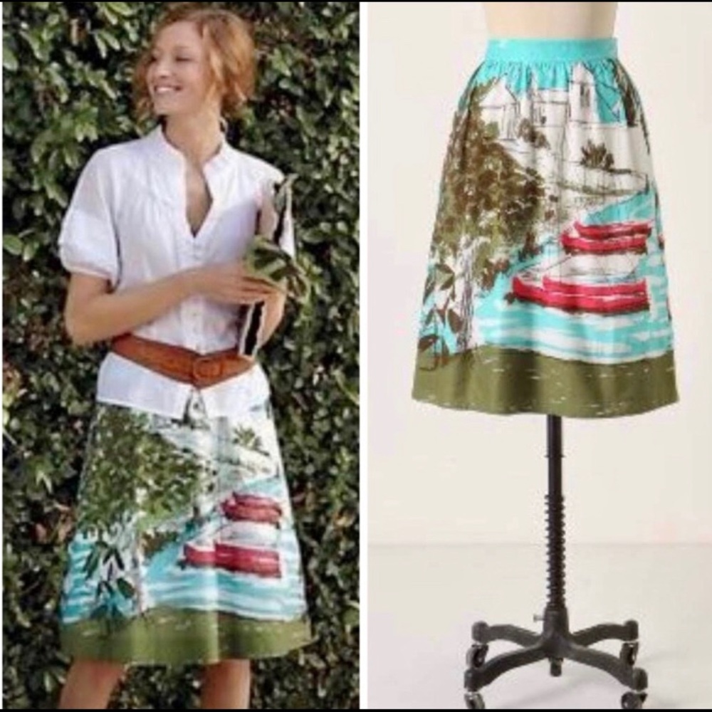 Anthropologie Teal, Olive & Red Scenic Midi Skirt